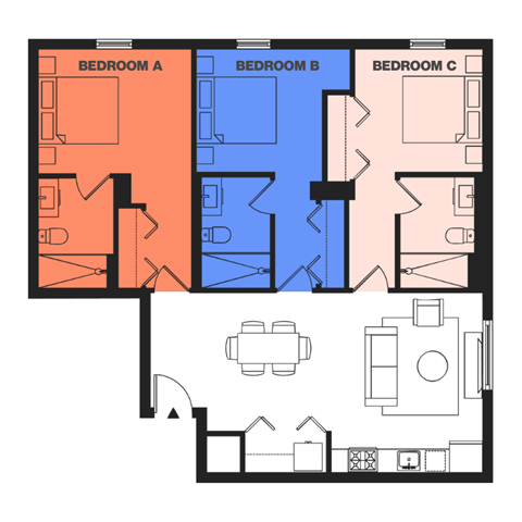 Floor plan for 3 beds, 3 baths, 273 sqft